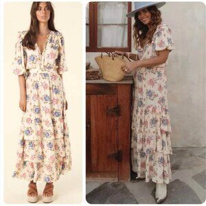 Spell Solstice Ruffle Dress Gown Long Maxi Floral Flowers Cream Boho Size Large